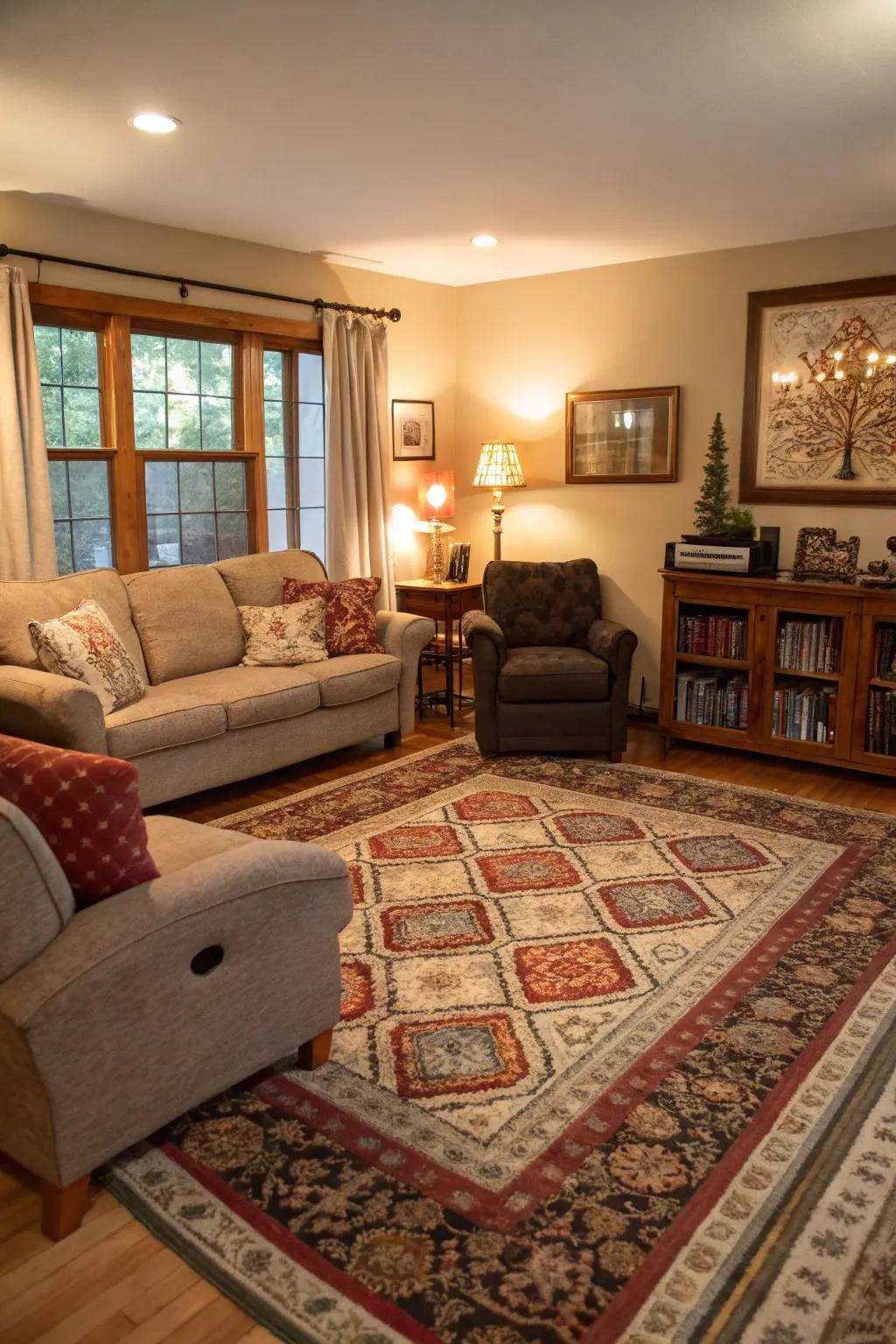 A living room with defined areas using stylish rugs.