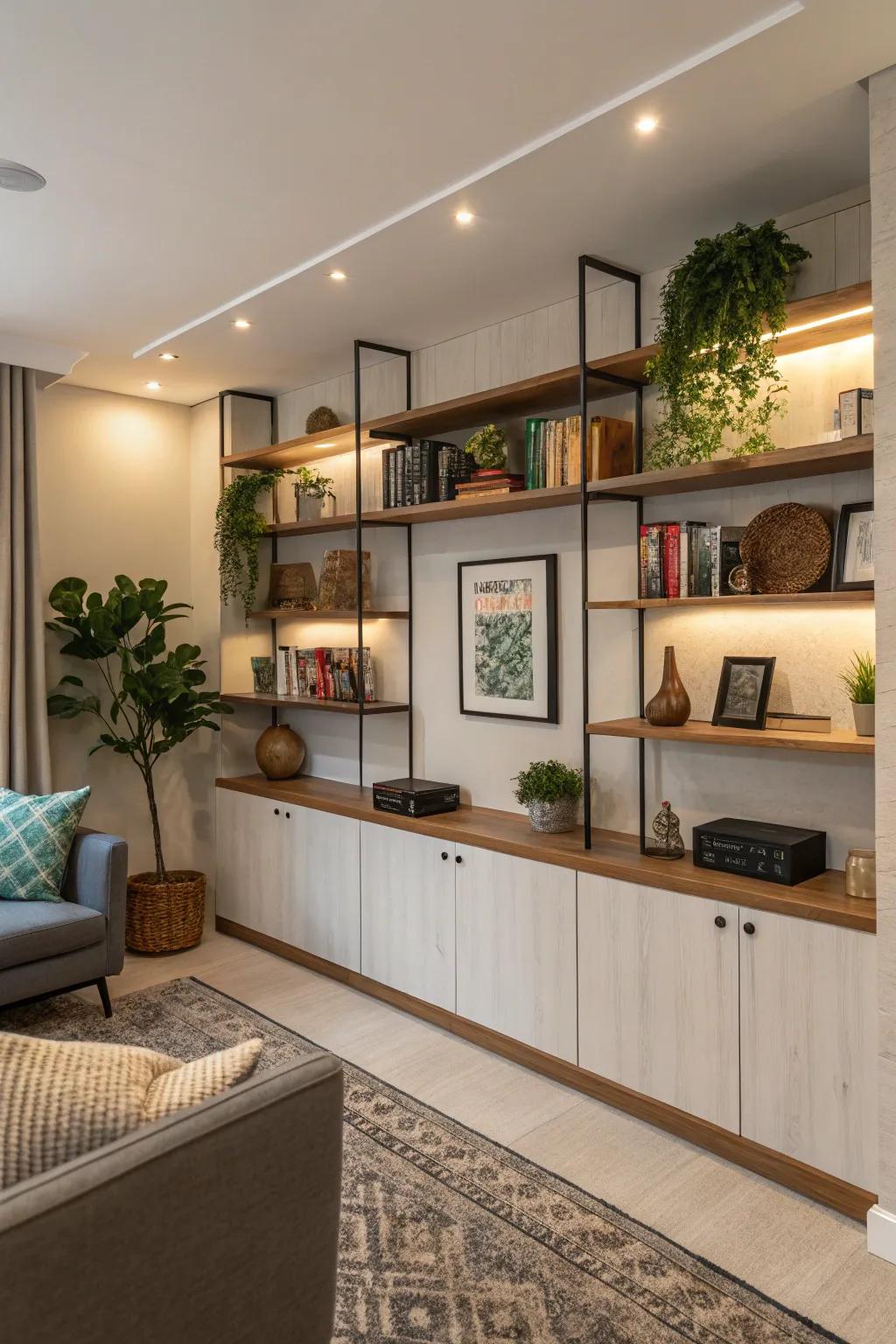 Unify design coupled with function through integrated shelving within your dividing sections.
