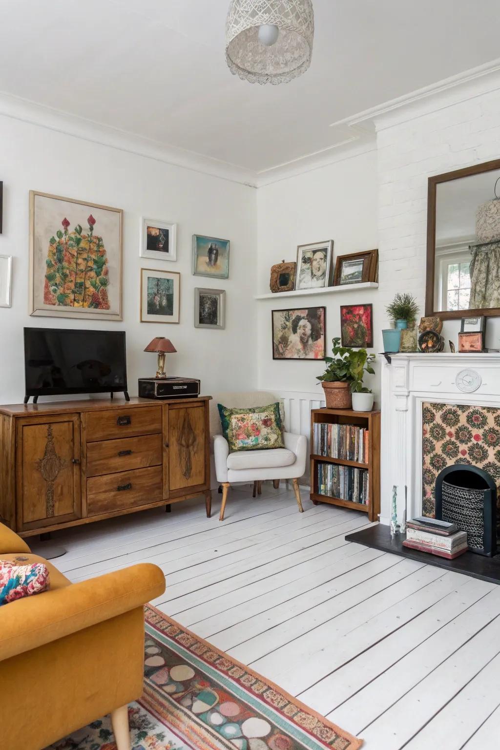 Eclectic decor adds unique charm to a room with white wood floors.