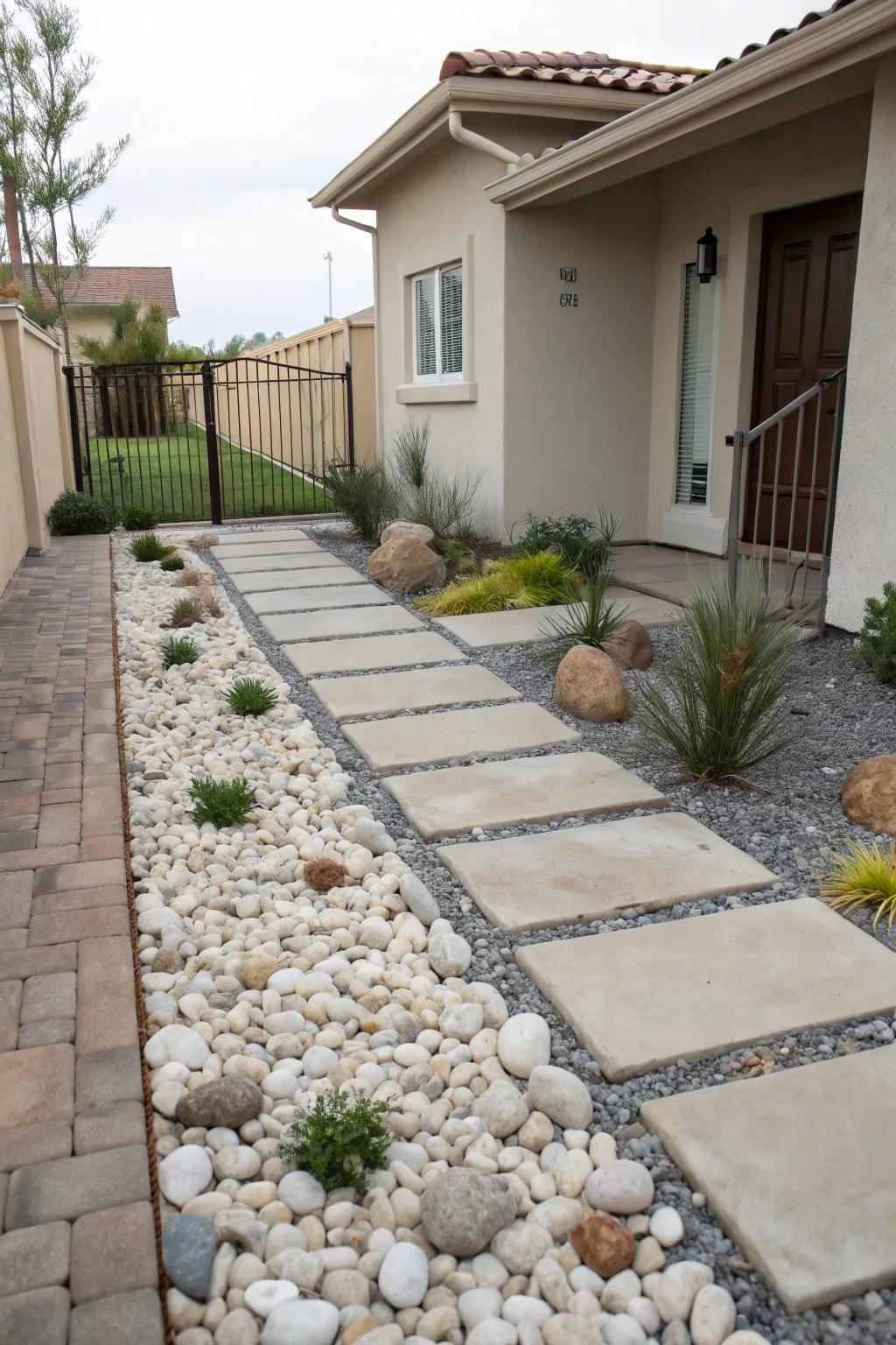 Decorative stones covering large areas for low maintenance.