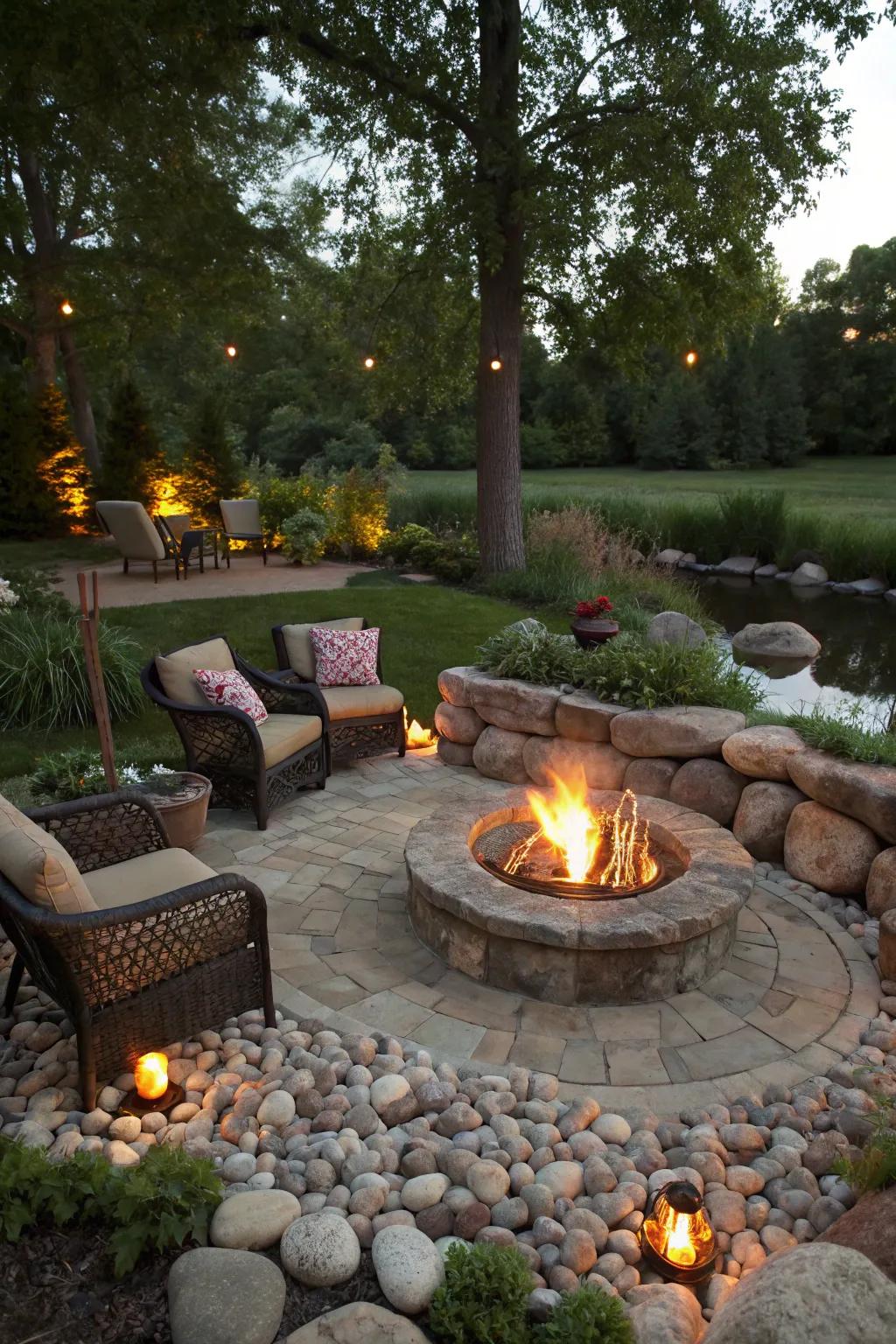 Craft a warm and inviting fire pit area with river rocks.