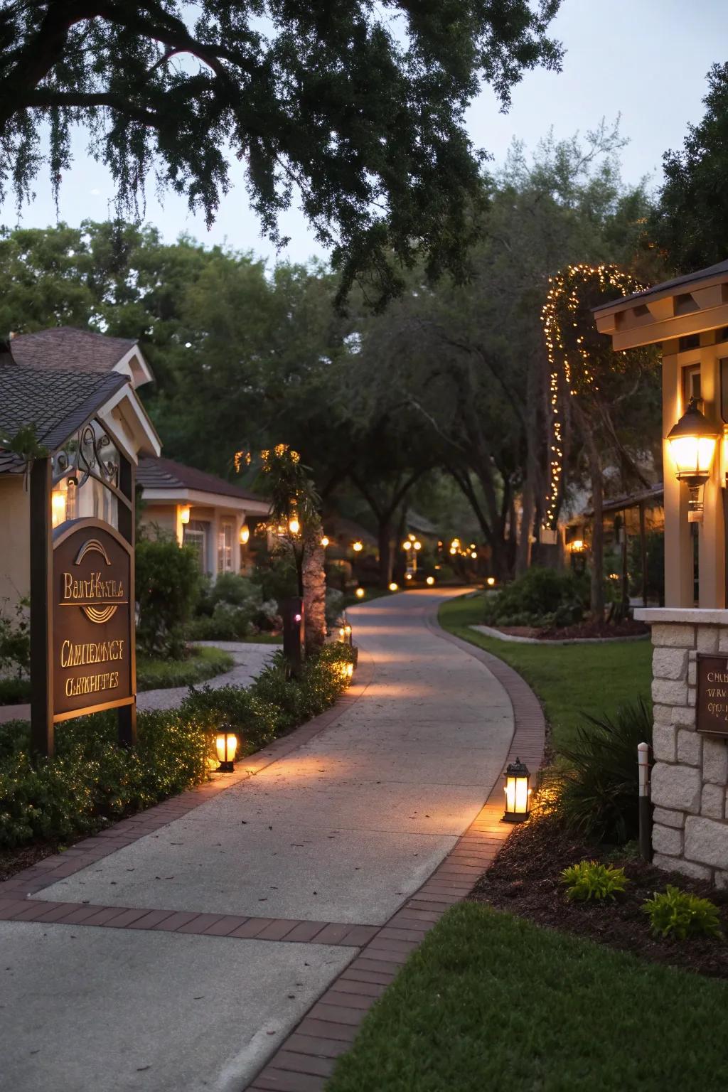 Soft lighting creating a magical evening entrance.