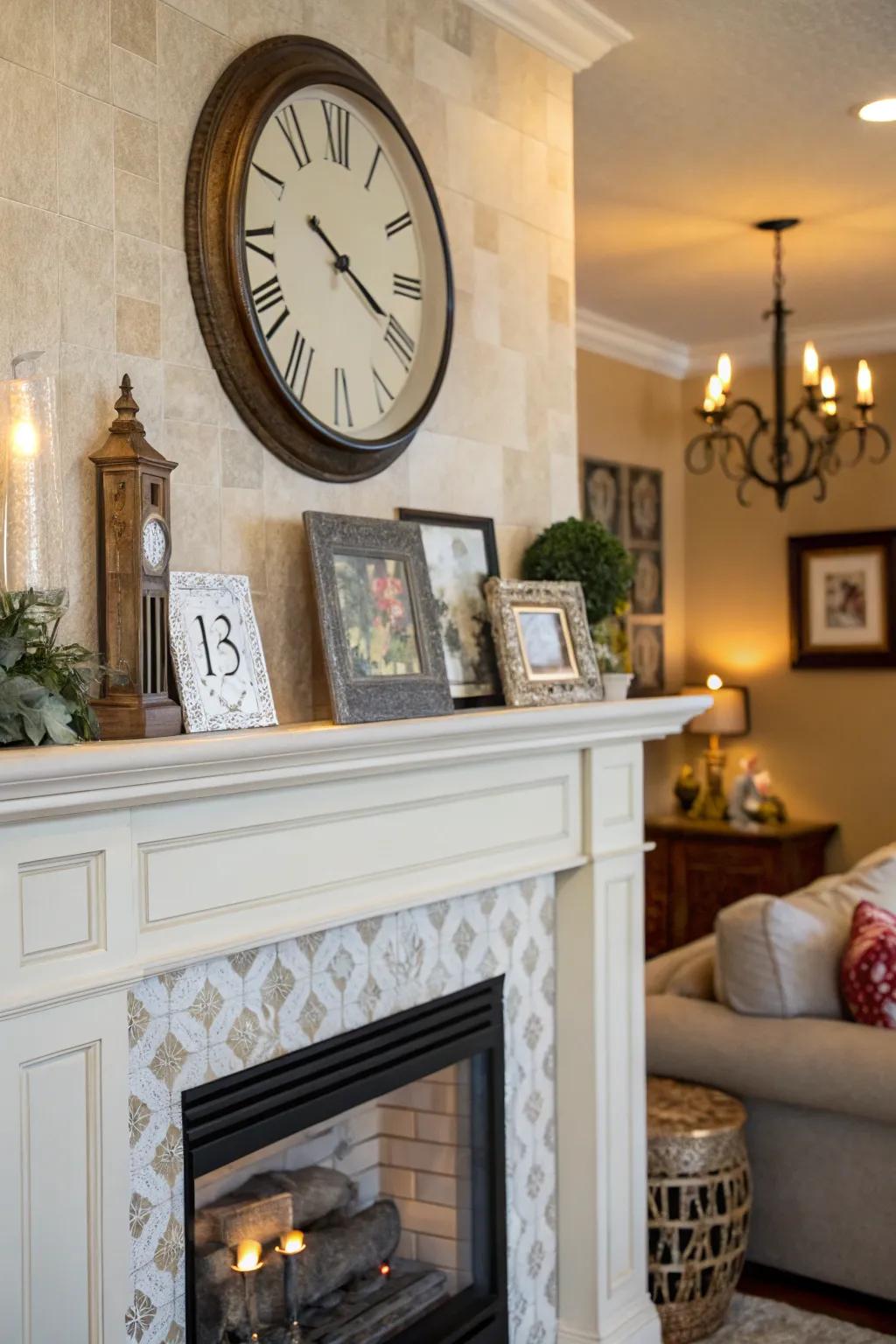 An artistic mantel with a clock and framed art.