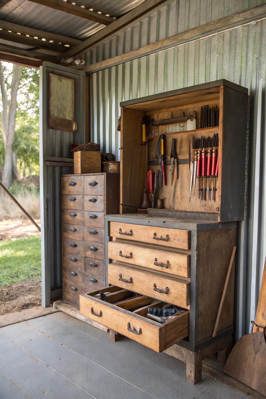 Venerable furnishings acquire renewed purpose as functional outbuilding archiving.