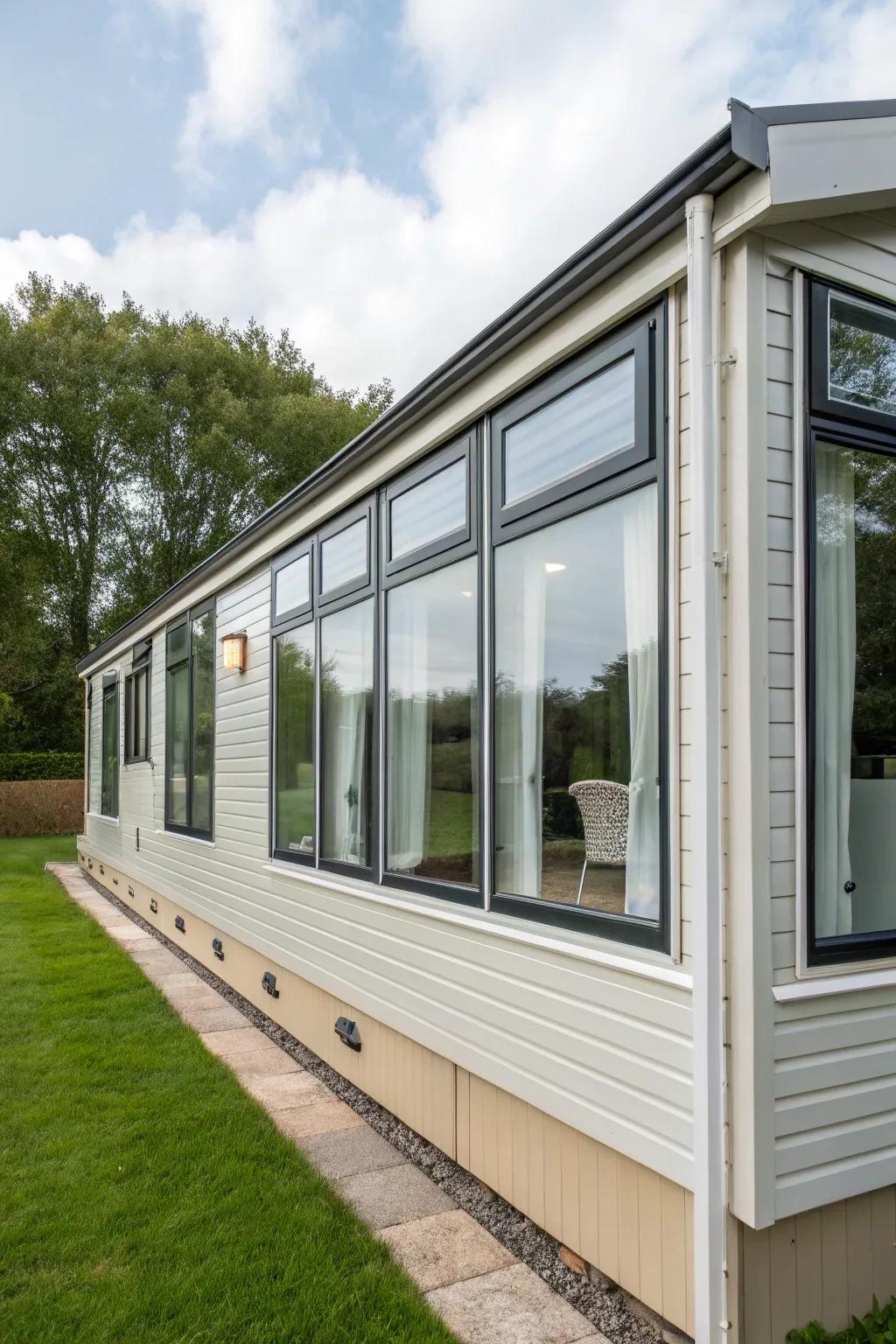 Large windows enhancing the natural light in a mobile home.