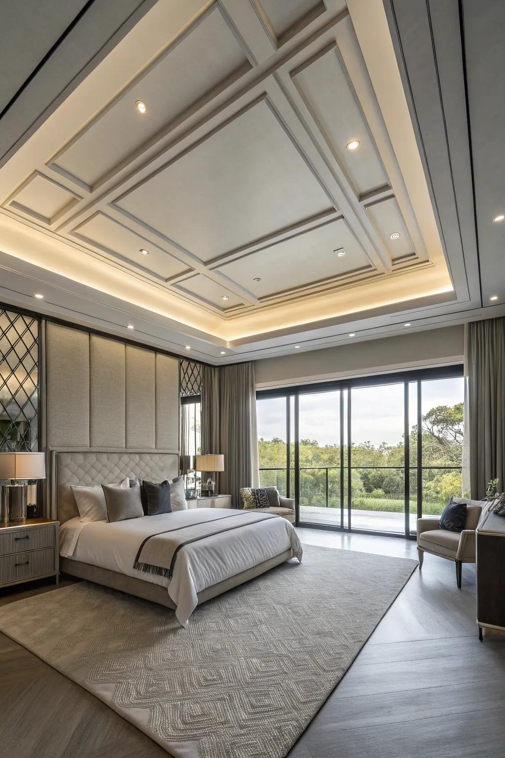 Architectural details enhance the modern aesthetic of this bedroom.