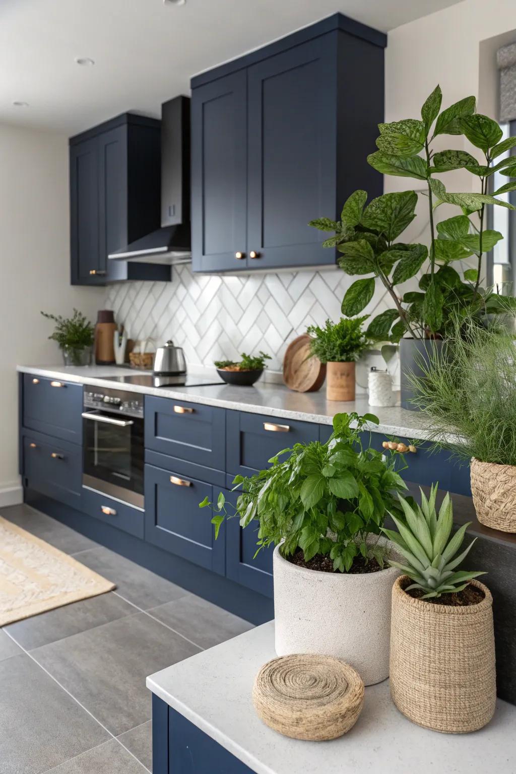 Greenery adds a refreshing contrast to the deep tones of navy blue cabinets.