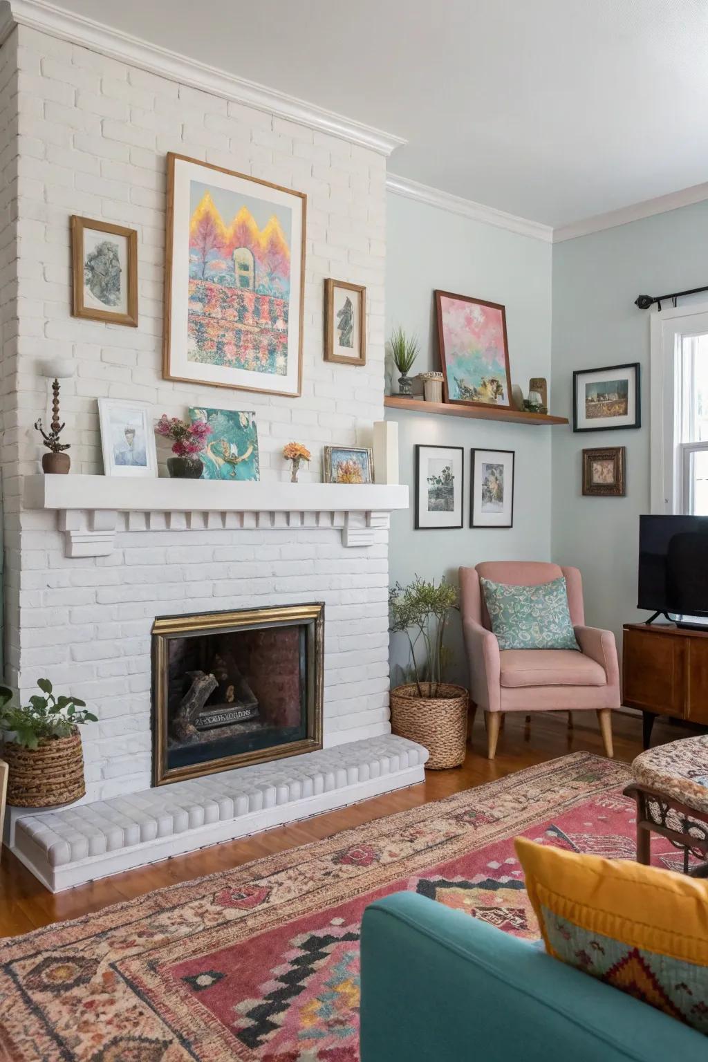 Artwork above a painted brick fireplace adds a personal touch.