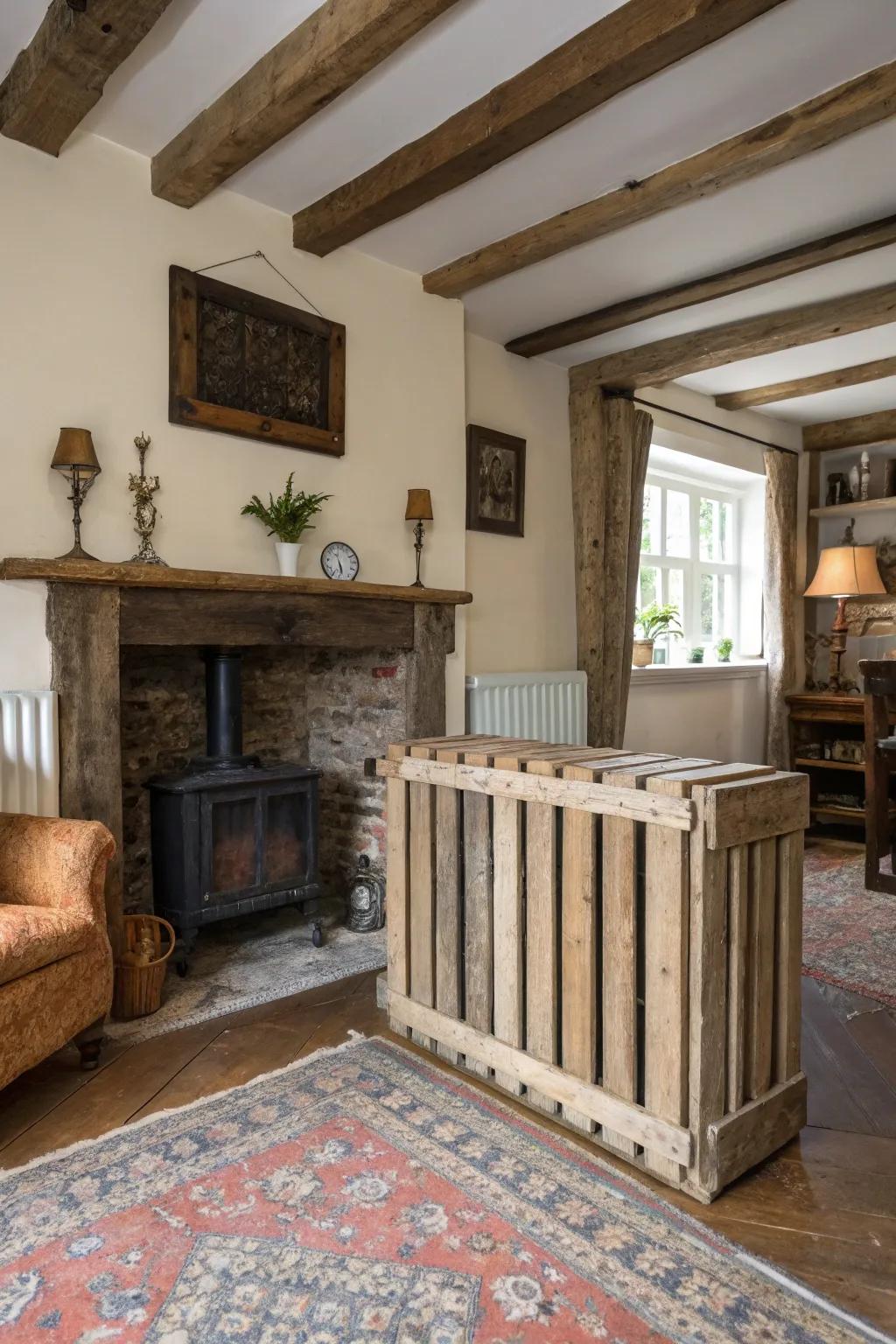 A rustic radiator shield crafted from repurposed wood pallets.