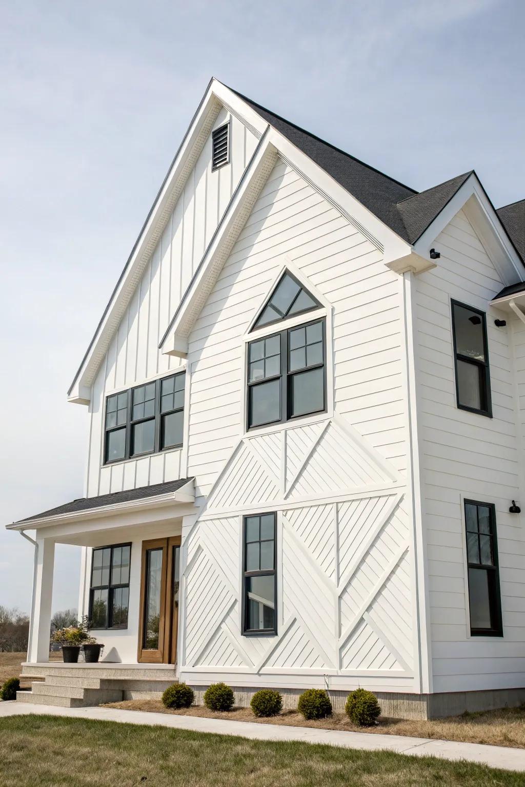 A white facade featuring contemporary geometric elements.