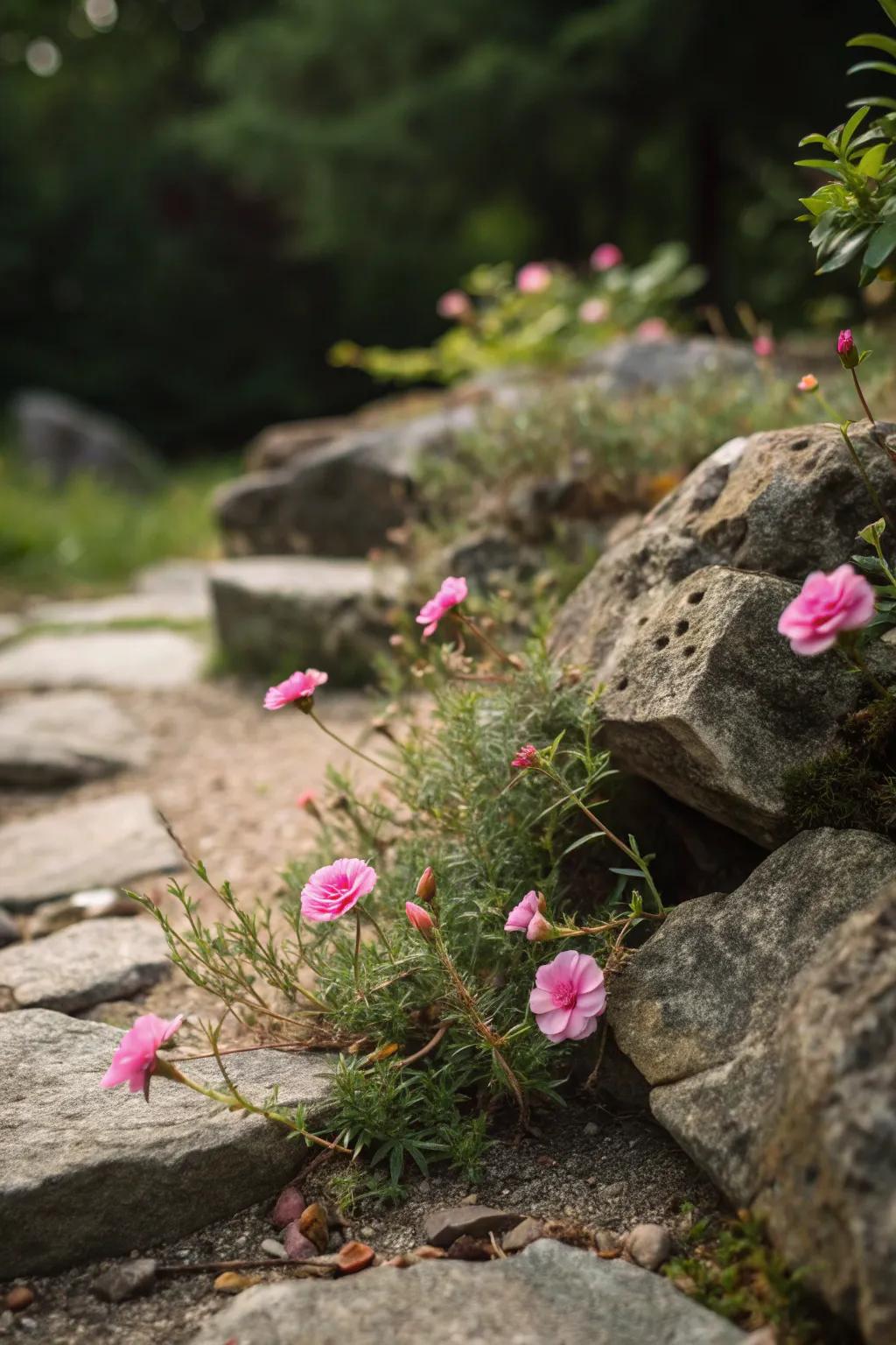 Sun jewels nestled among rocks infuse vibrancy into a stone botanical space.