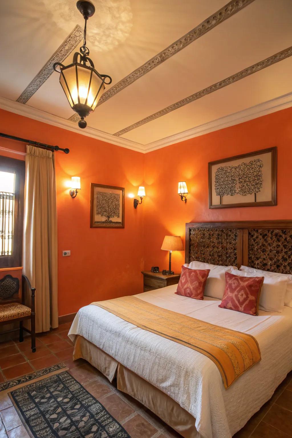 Warm lighting enhances the rich tones of orange walls.