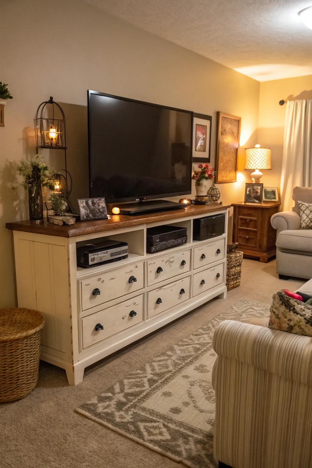 A dresser as a media console maximizes storage.