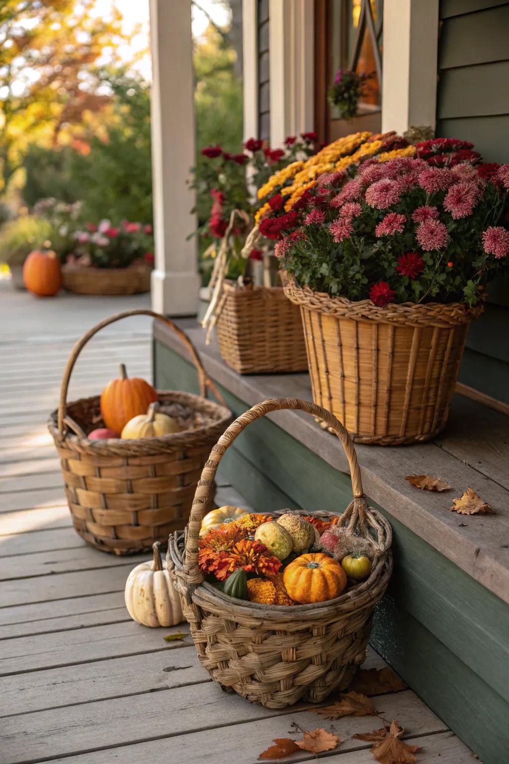 Rustic baskets brimming with gourds and flowers add charm to this porch.