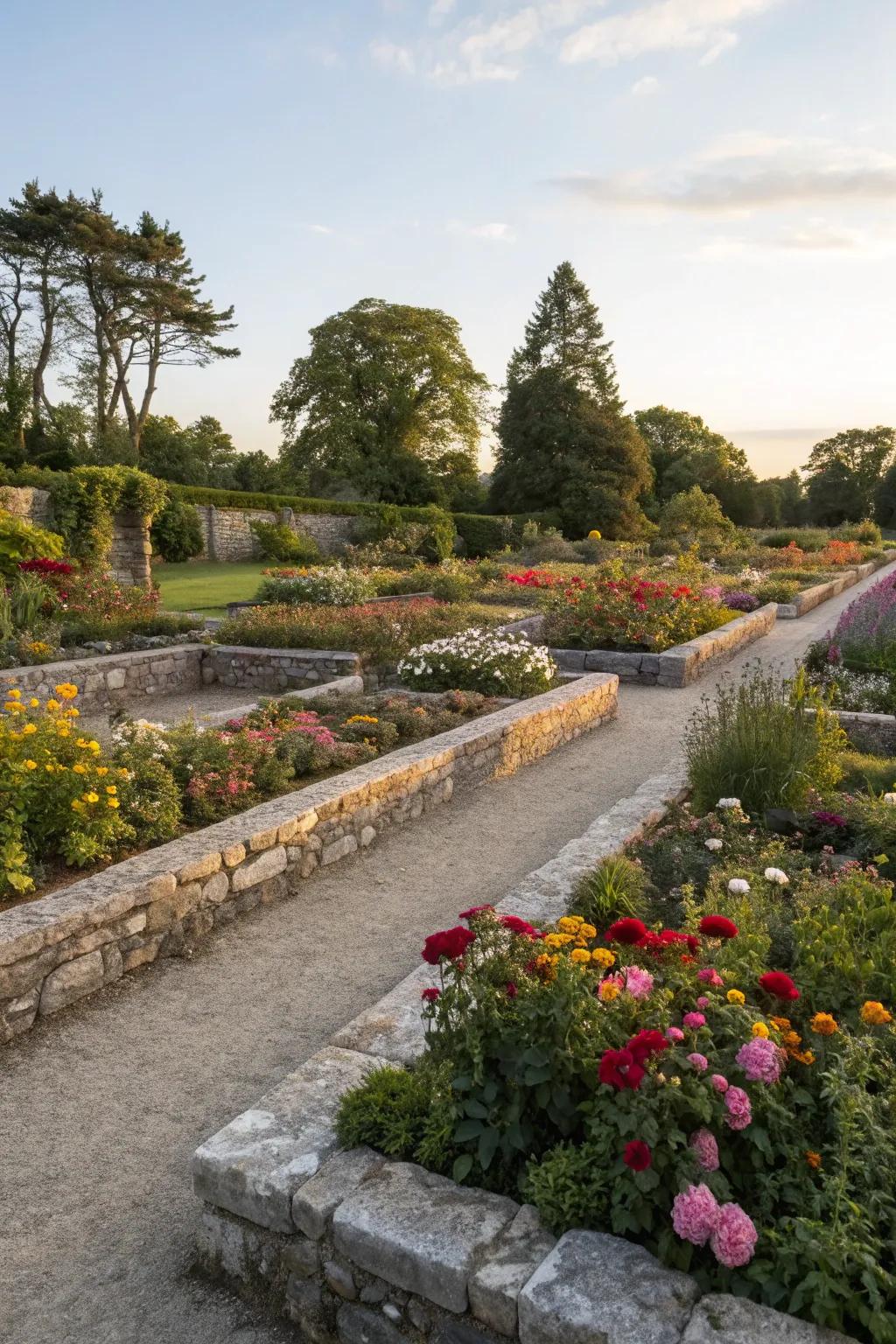 Stone walls provide structure and definition to garden borders.