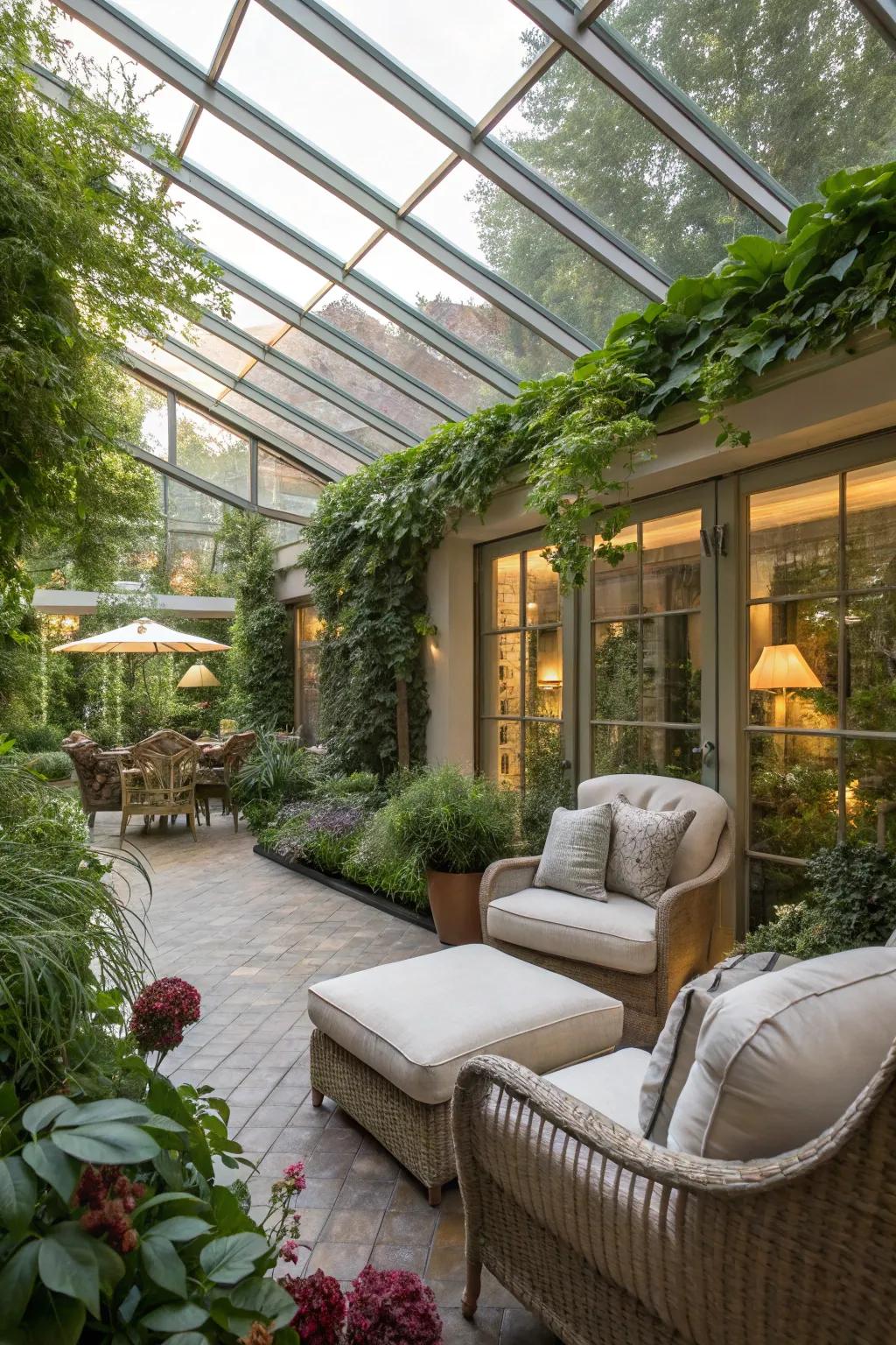 A solarium where plants and comfort harmoniously coexist.