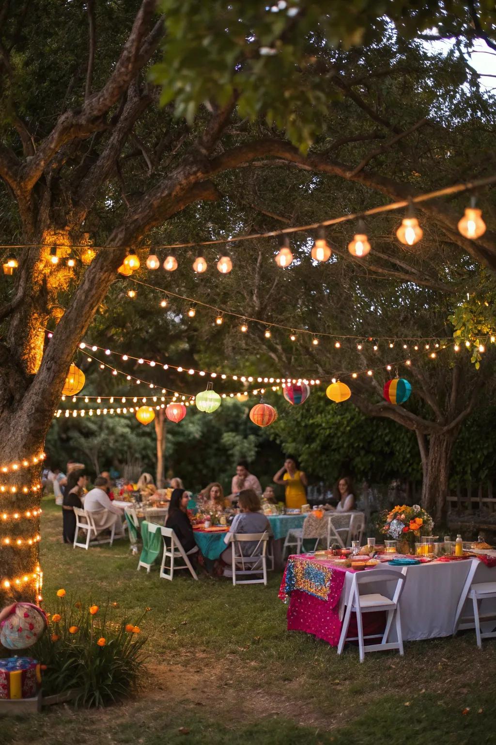 A vibrant garden celebration arrangement featuring string lights and vibrant tableware.
