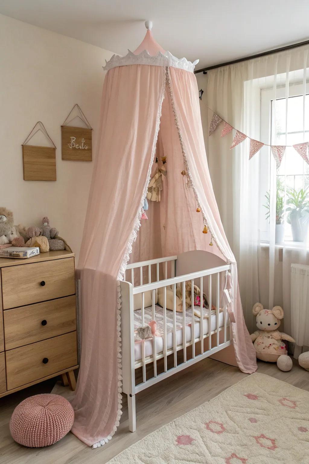 A fanciful canopy introduces fairy-tale charm to the infant bed.