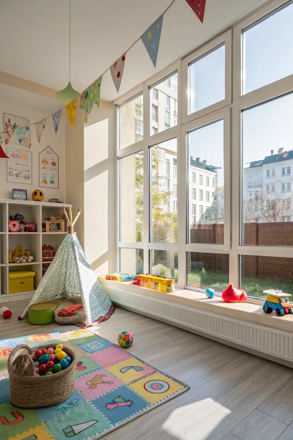 A bright playroom with large windows that let in plenty of natural light.