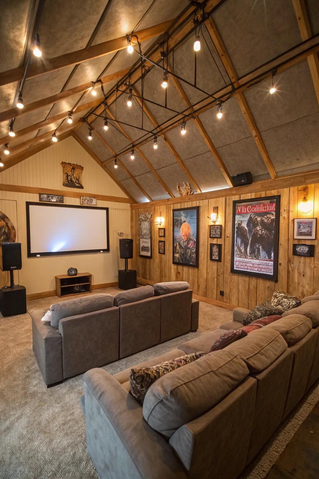 Enjoy cinematic experiences in your pole barn home theater.