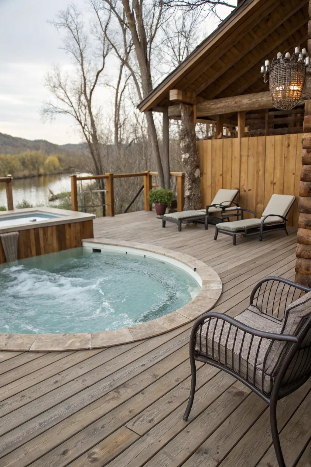A rustic timber deck infuses warmth and character into your pool and jacuzzi surroundings.
