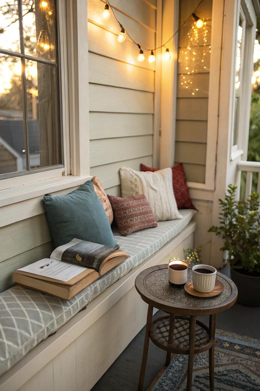 A corner bench creates a cozy nook on a small porch.