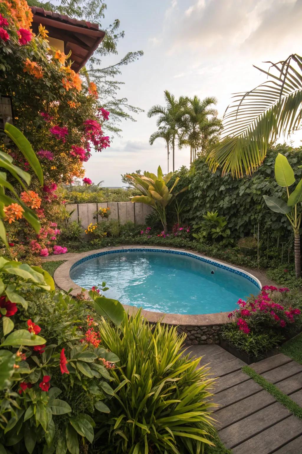 Tropical plants provide a lush and exotic privacy screen.