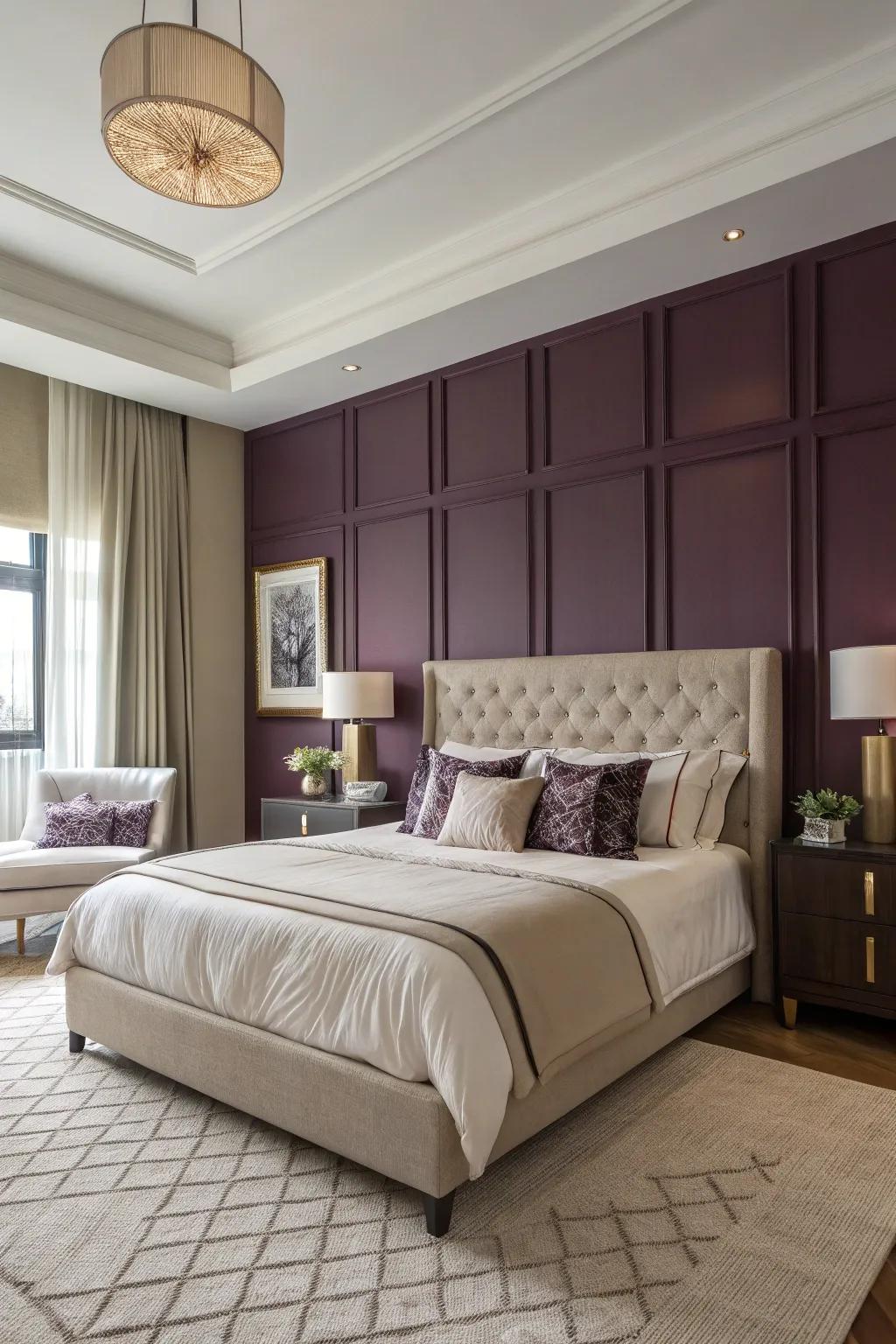 A grape-colored accent wall becomes the room's focal point.