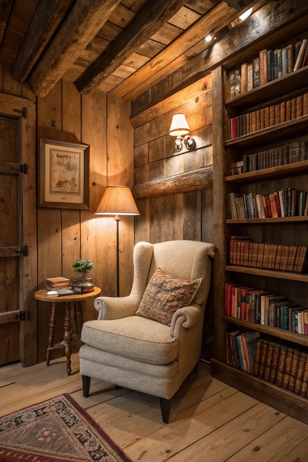 A rustic reading nook that invites you to unwind and relax.