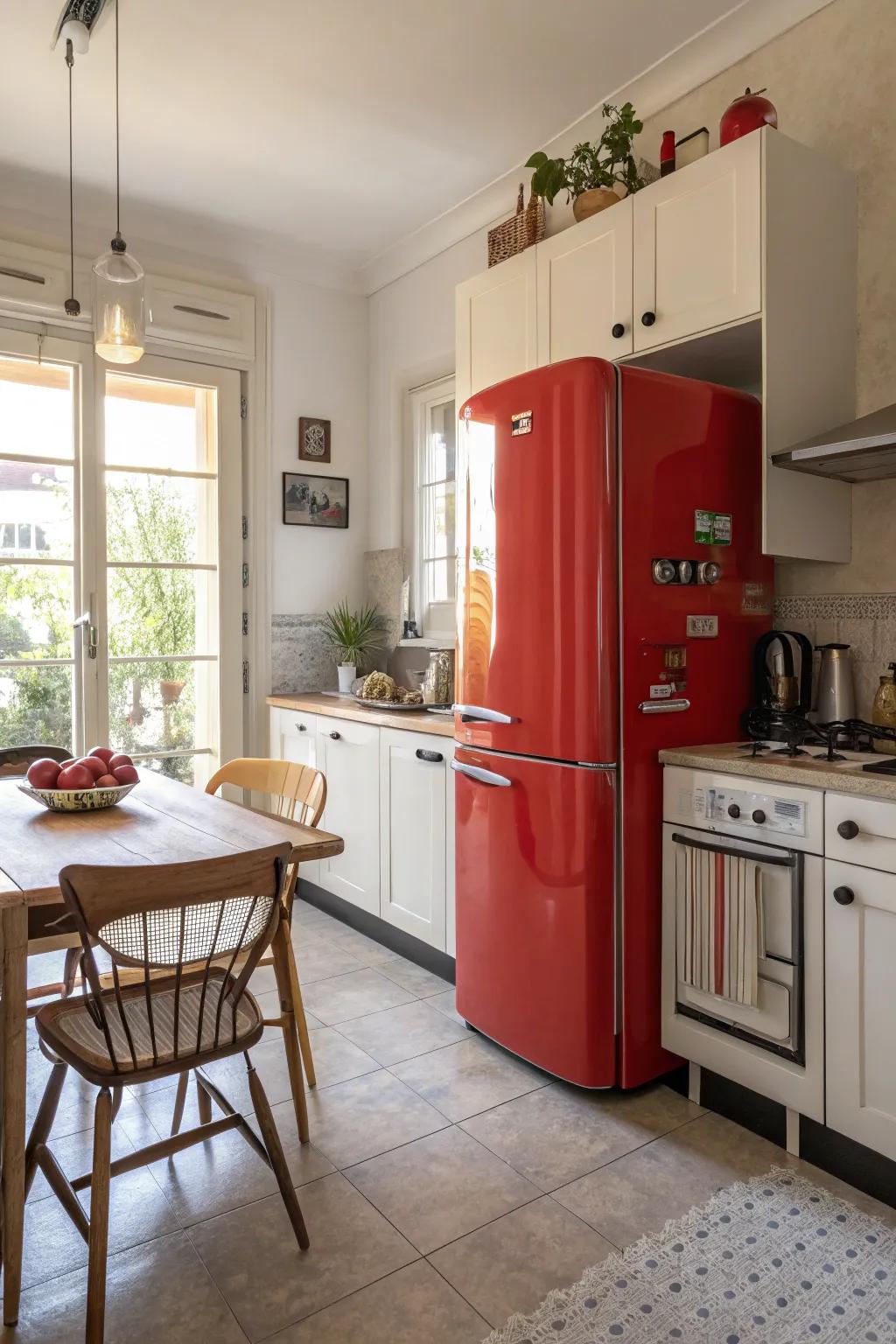 A kitchen featuring a bold-colored refrigerator that adds a pop of personality.