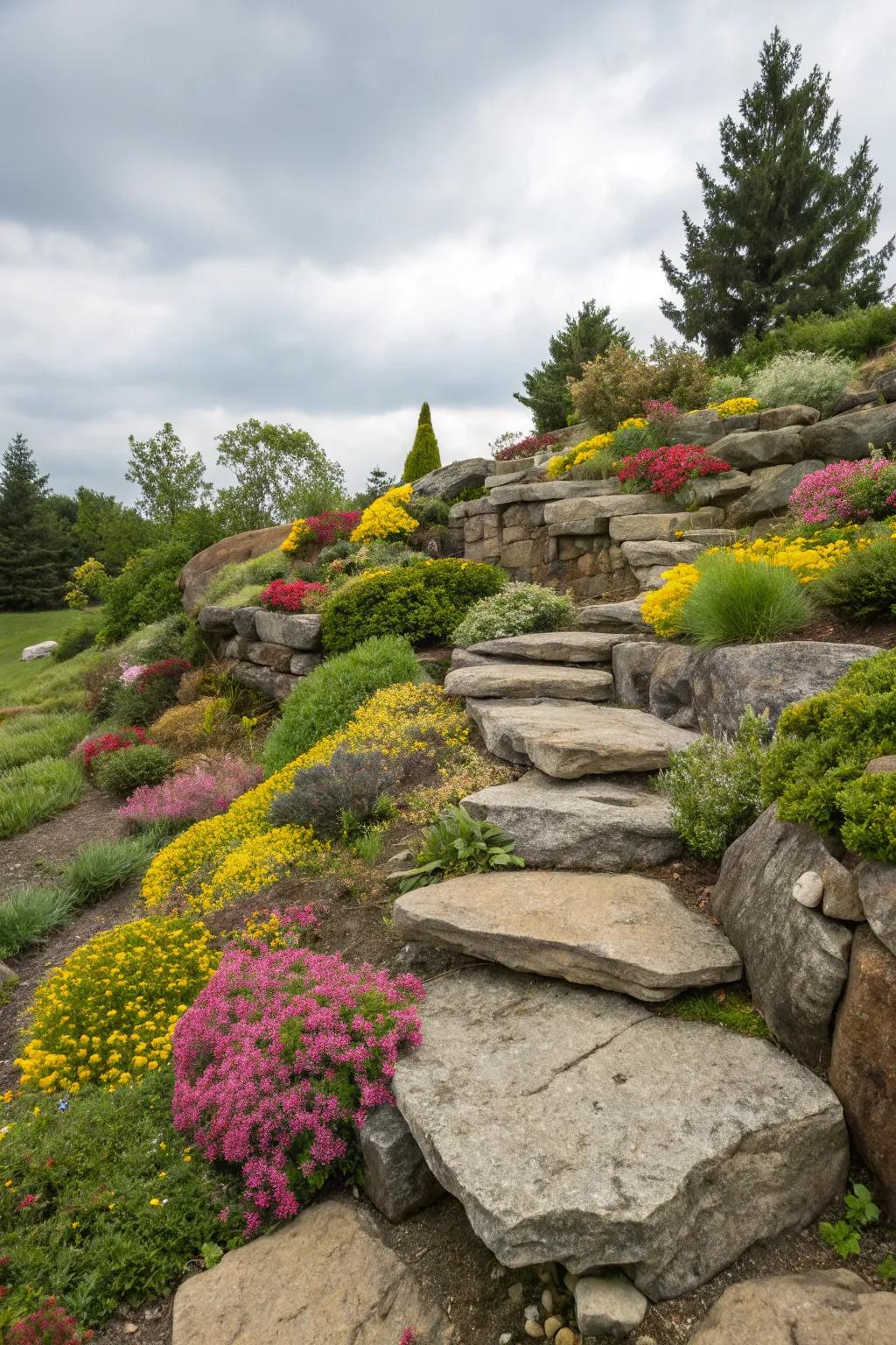 Layered rock garden transforming a slope into a beautiful focal point.