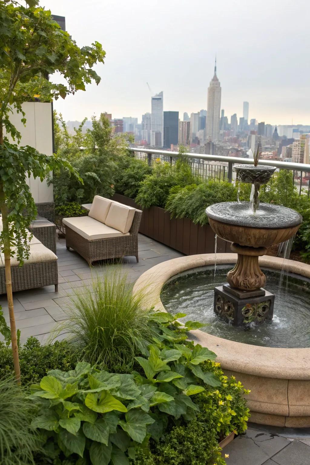 Water features add a tranquil element to your rooftop.