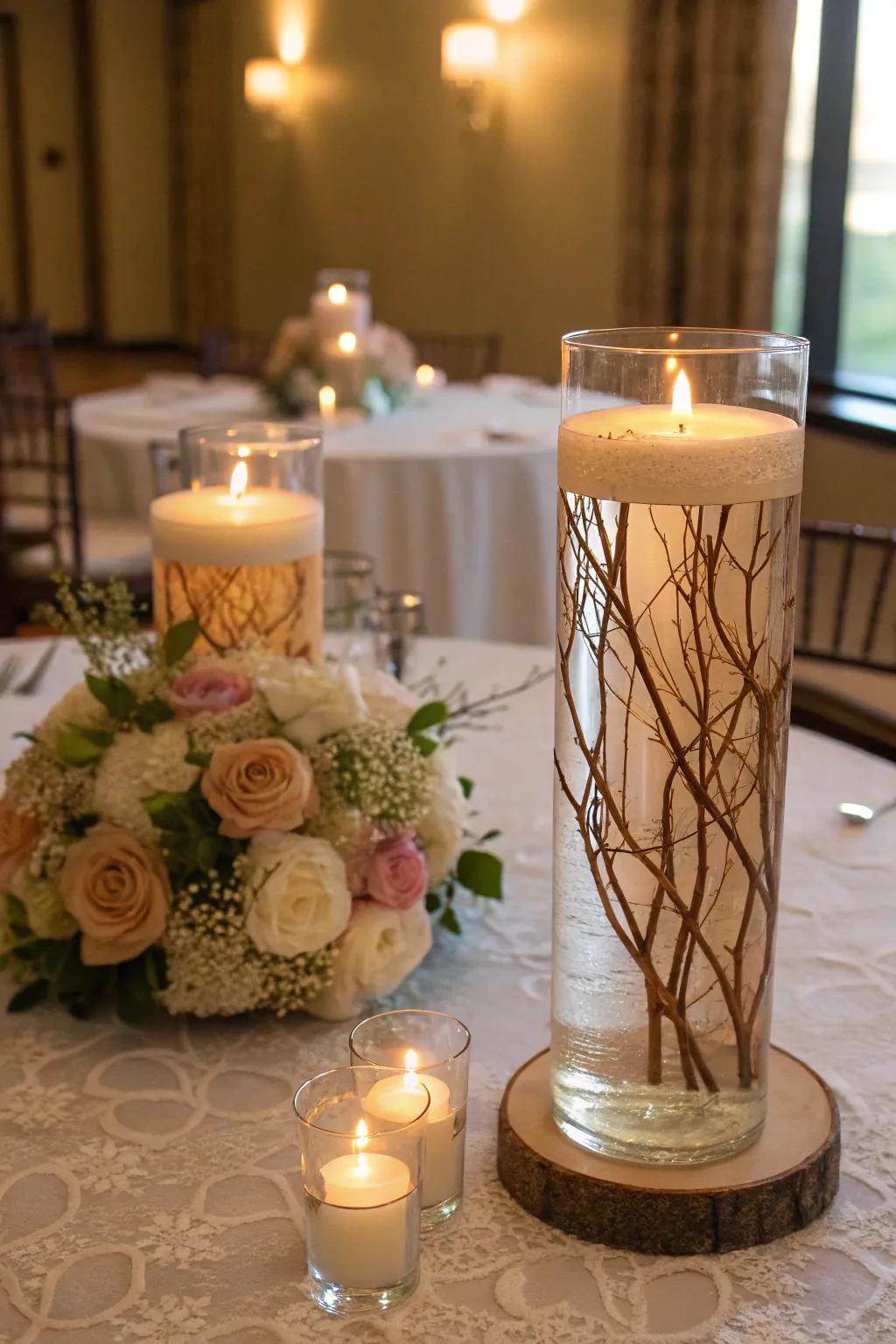 Floating candles and twigs for a serene effect