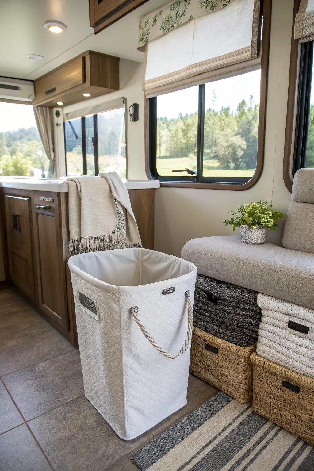 A decorative hamper that enhances the style of the RV interior.