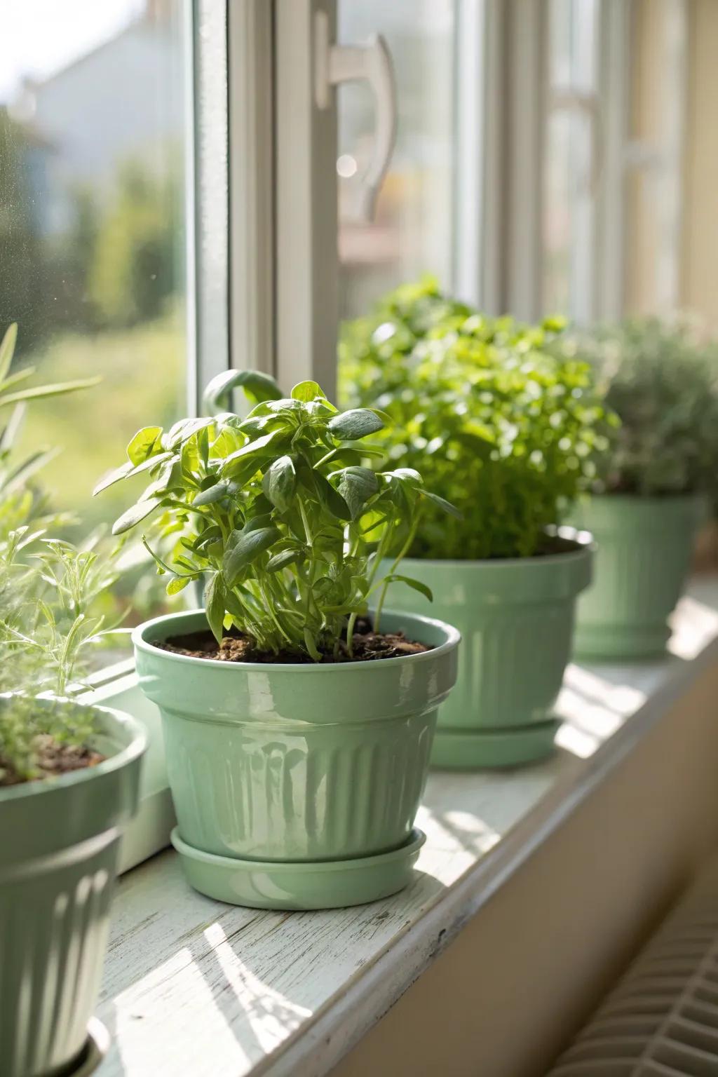 Sage green plant pots enhance the beauty of indoor plants.