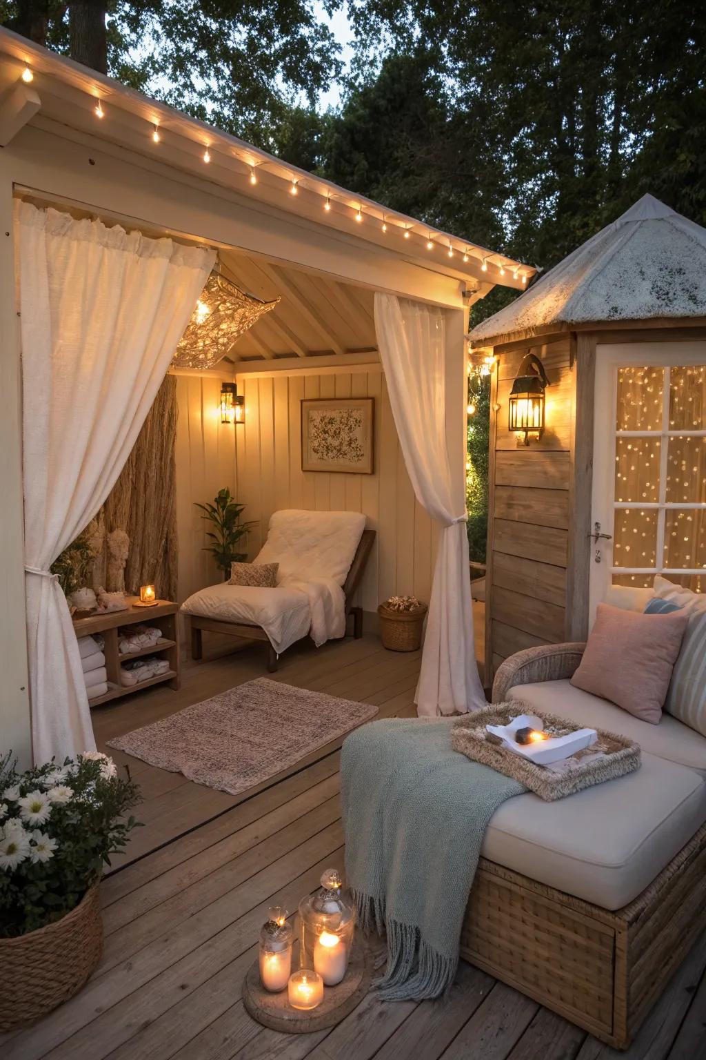A serene she shed spa escape for optimum relaxation.