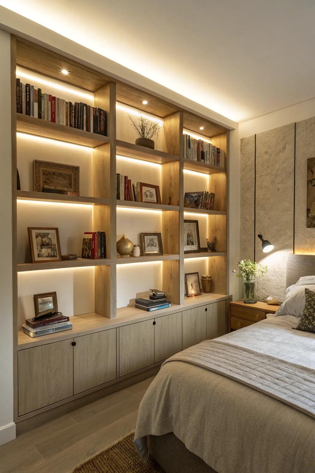 Built-in lighting adds a warm glow to bedroom shelves.