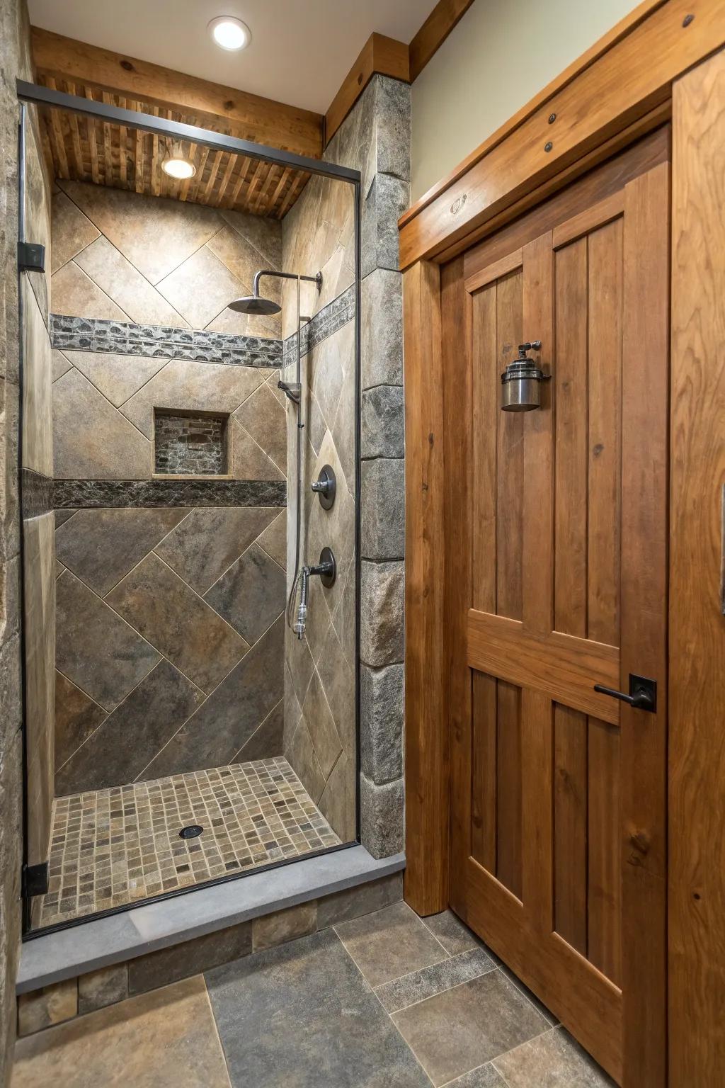 A dynamic shower stall featuring a mix of different materials for added texture.