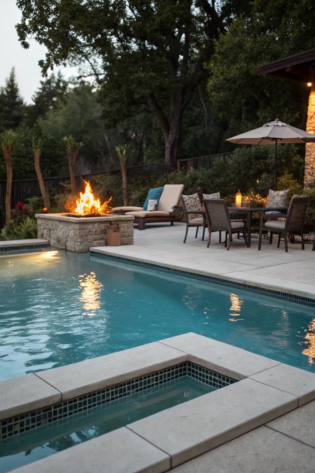 A fire pit adds warmth and creates a cozy gathering spot.