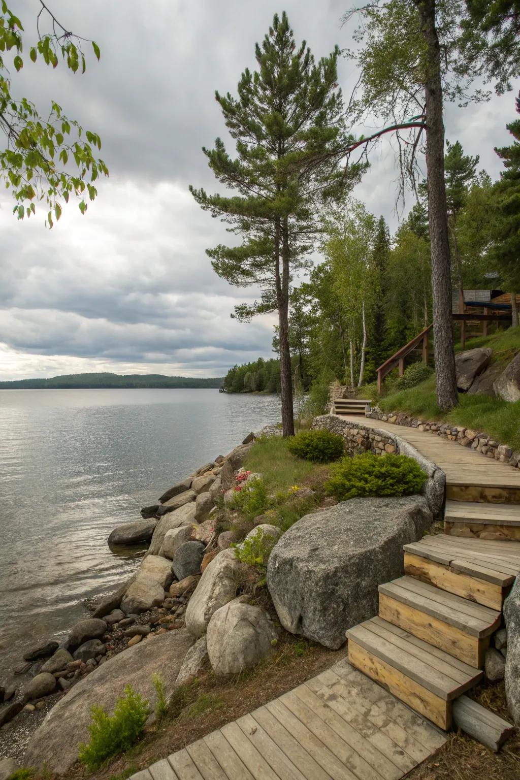 Natural materials enhance the rustic charm of this lakeside property.