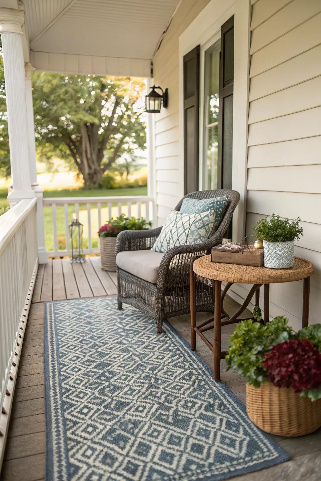 A decorative rug ties together the cozy elements of a small porch.