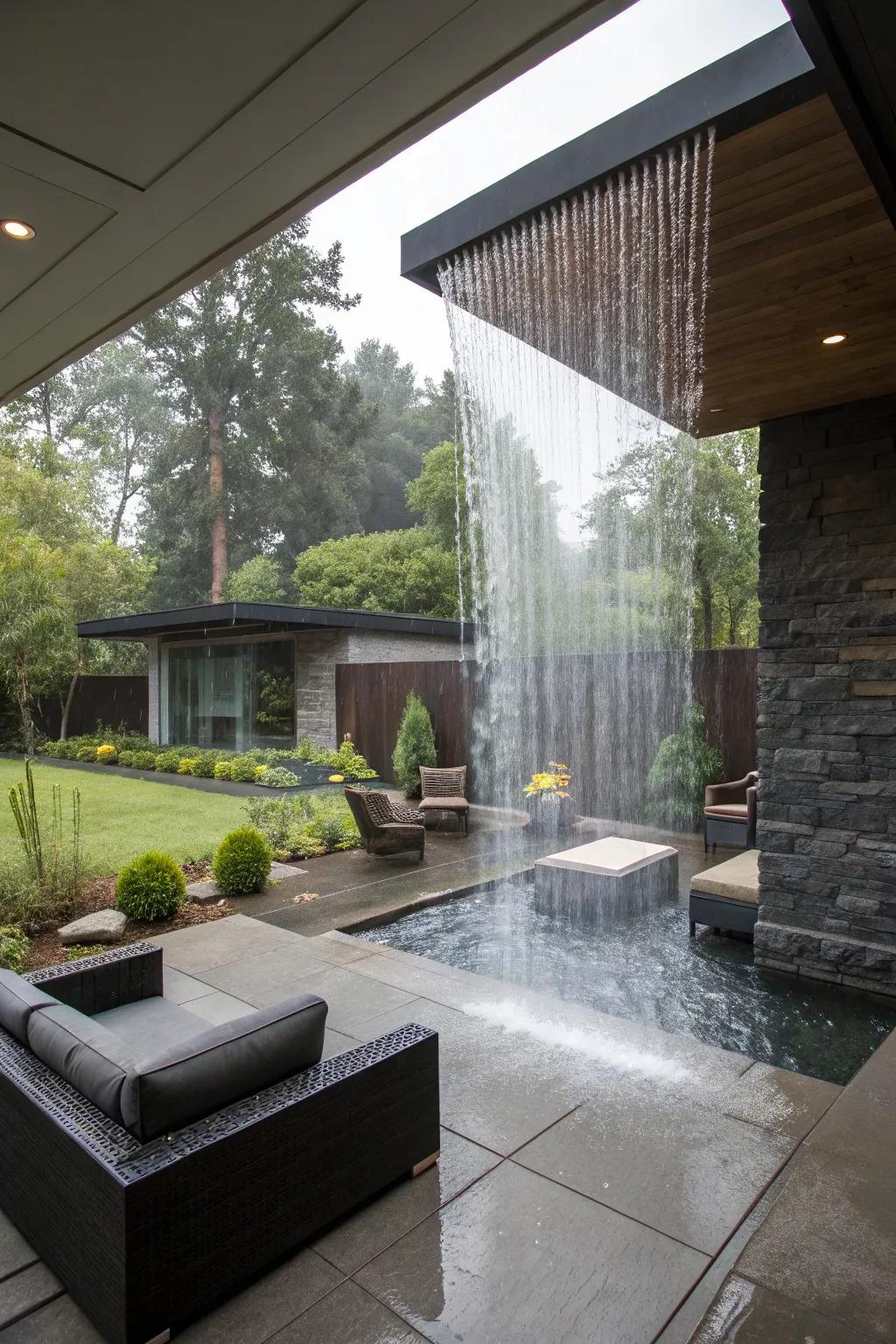 A rain curtain waterfall adds a sleek and modern touch to your garden.