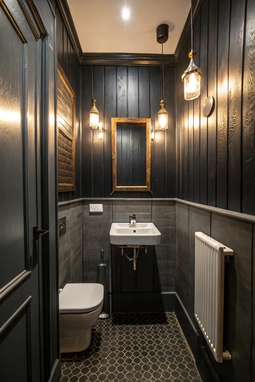 Dark panels in a small bathroom, creating a cozy and intimate environment.