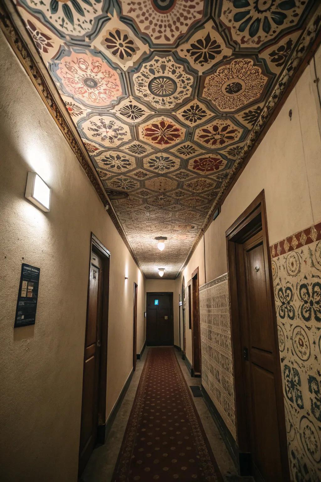 A unique ceiling can be a striking feature in a small hallway.