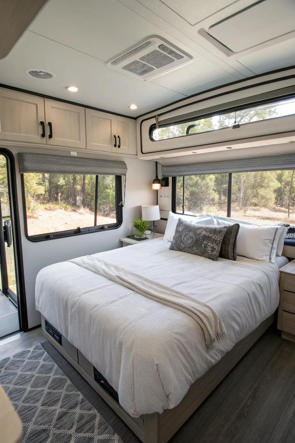 Minimalistic designs keep your RV bedroom clutter-free and spacious.