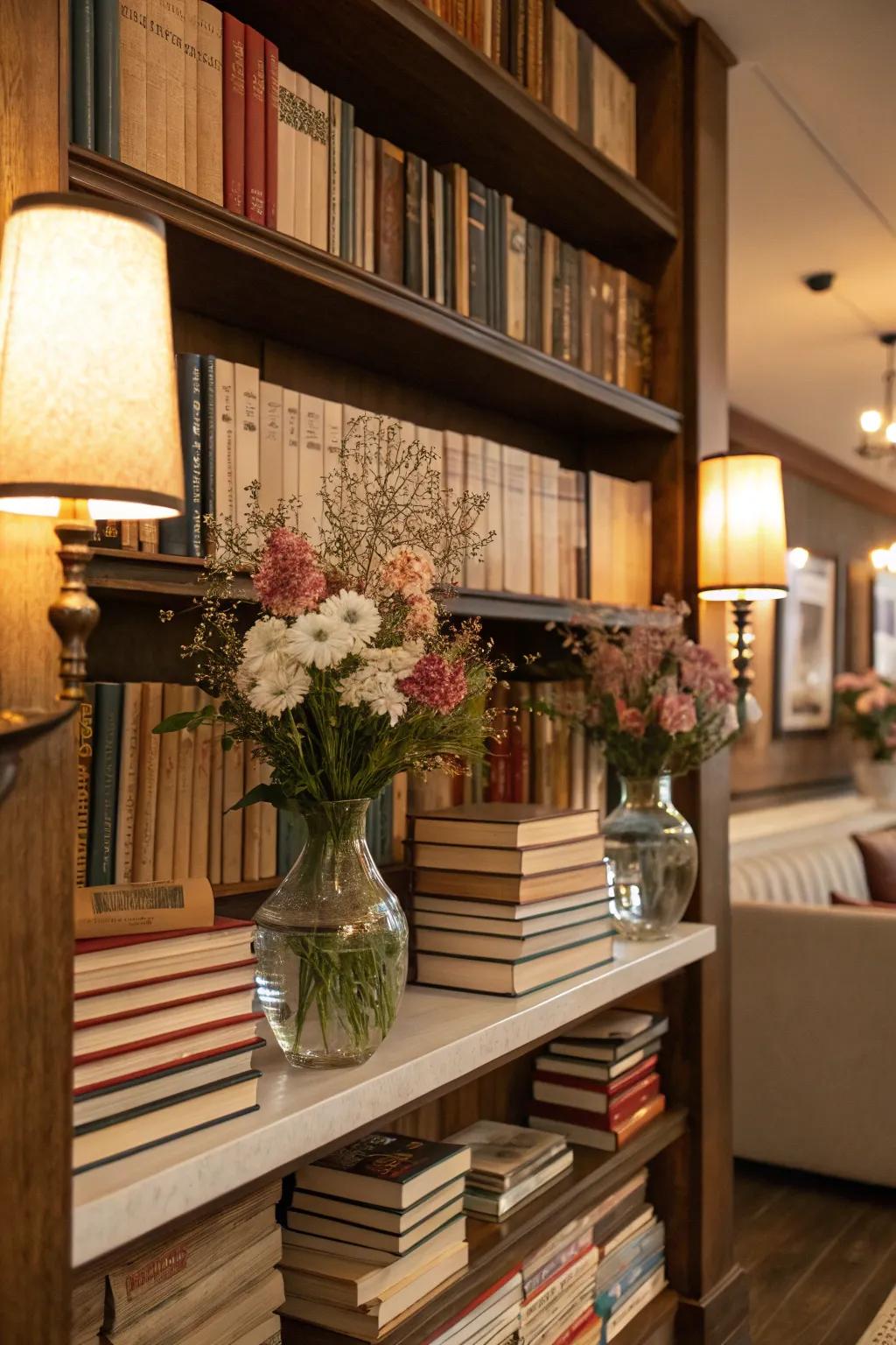 Books and flowers come together to create a cozy and intellectual vibe.