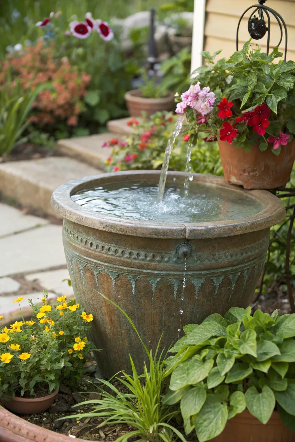 A reclaimed pot renovated into a charming solar-operated fountain.
