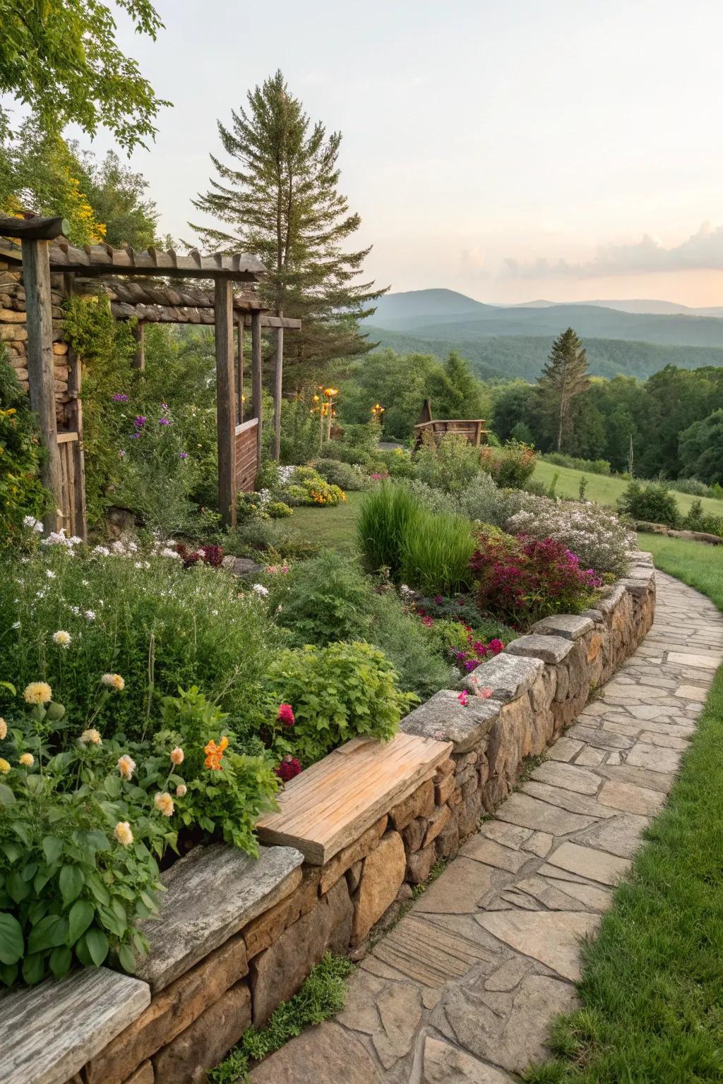 Rustic elements like stone and wood add warmth to garden borders.