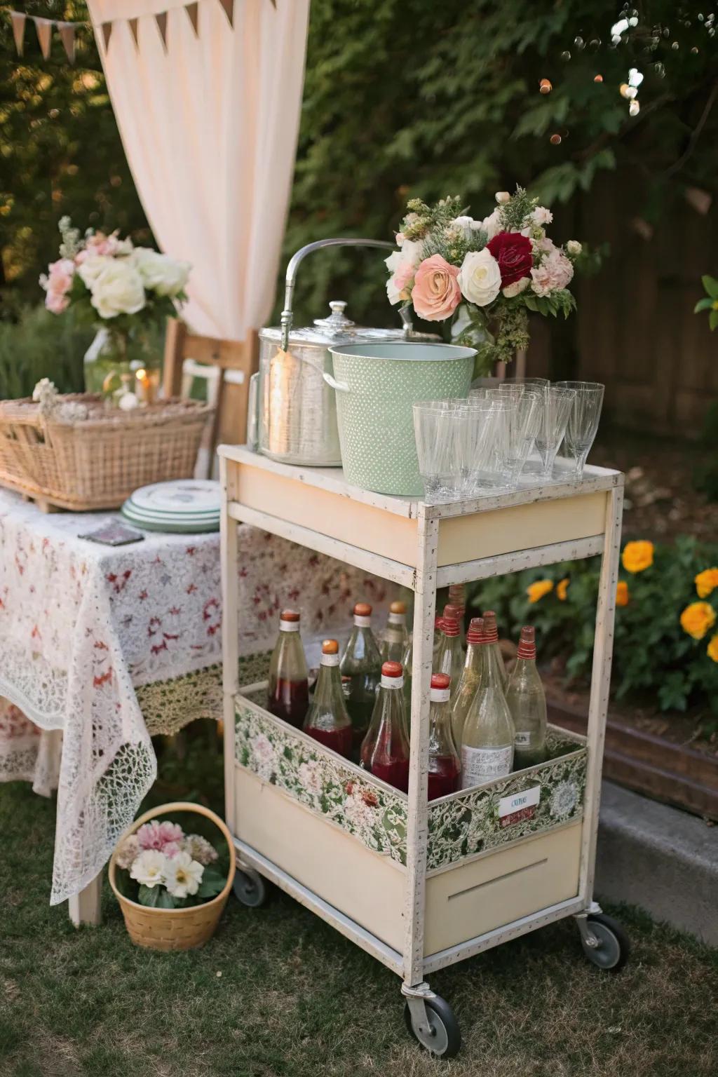 Distribute refreshments stylishly from a vintage garden utility cart.