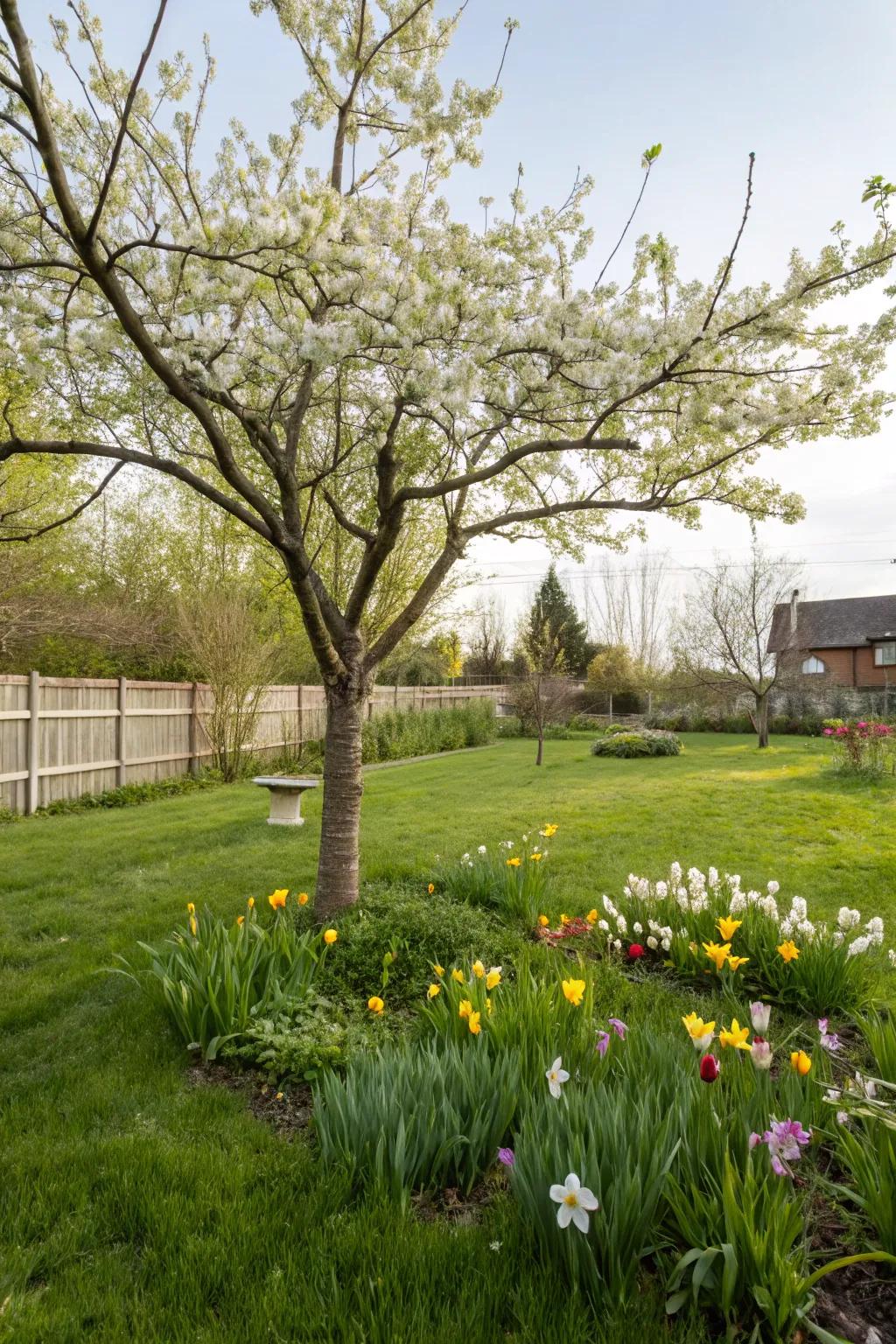 A single tree serving as a remarkable garden point of interest.